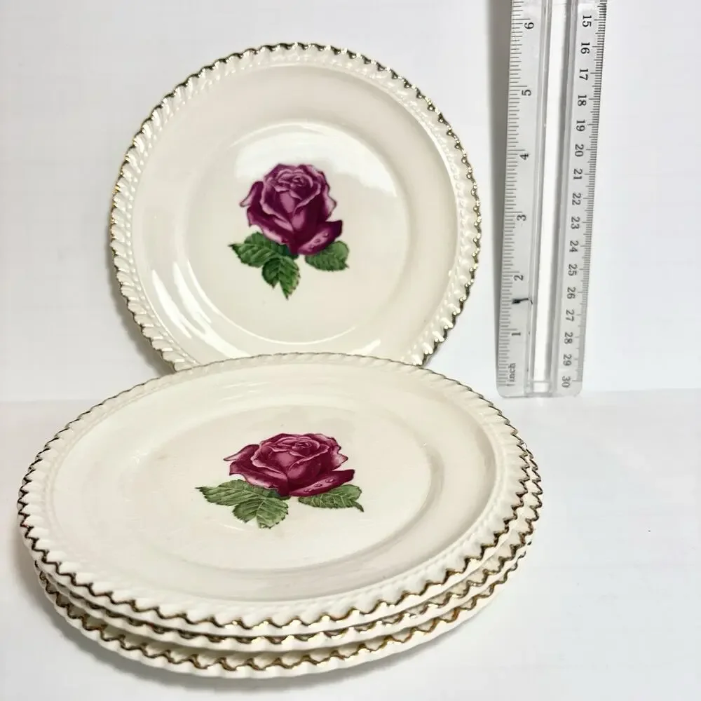 Harker Pottery Co Wild Rose Dessert Plates 22K Gold Rim Bread USA 1940s Tea 4